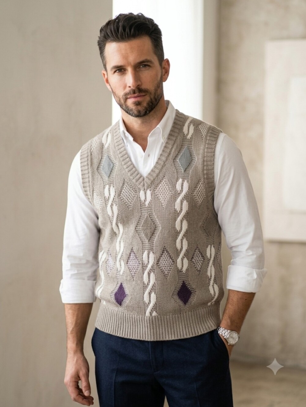 Northwest Territory Taupe V-Neck Knit Sweater Vest Cream Purple Vintage Grandpa